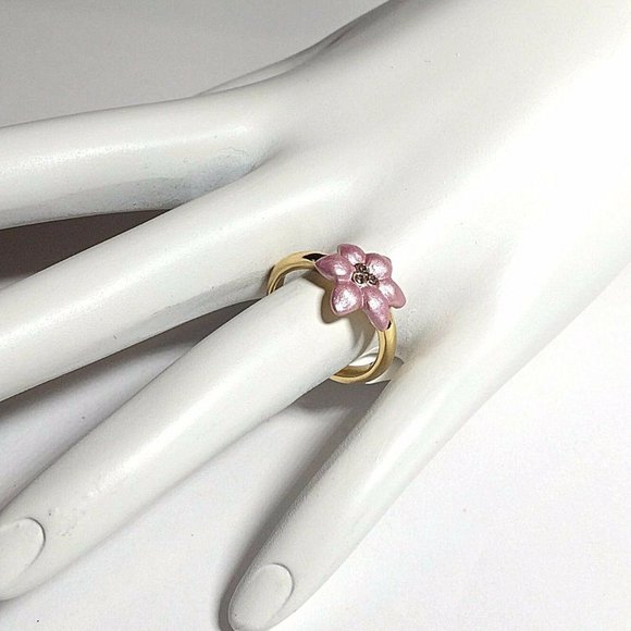 Gold Pink Plumeria Flower Ring Size 6 8 Crystal Yellow Plated Island Tropical - Picture 3 of 10